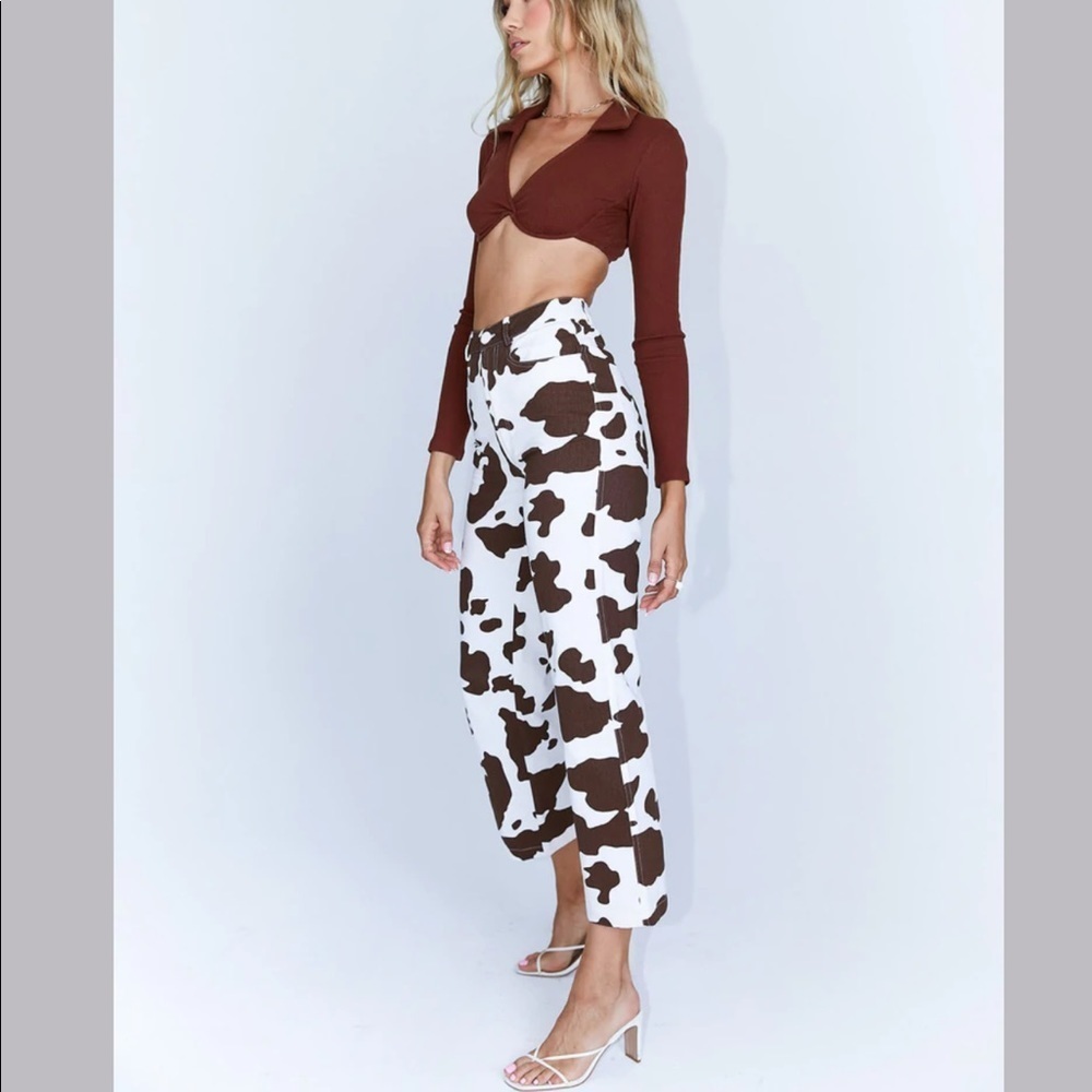 PRINCESS POLLY BE WILD COW PRINT WESTERN  FARM HOUSE PANTS WHITE / BROWN